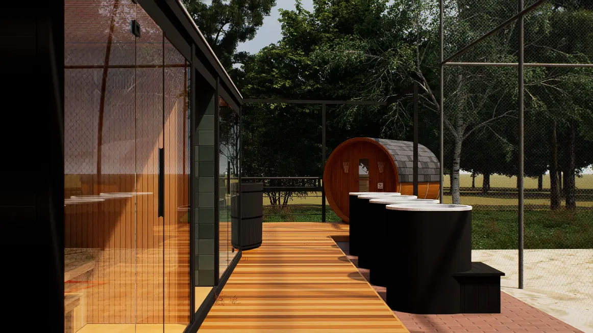 Deck com sauna e banheiras