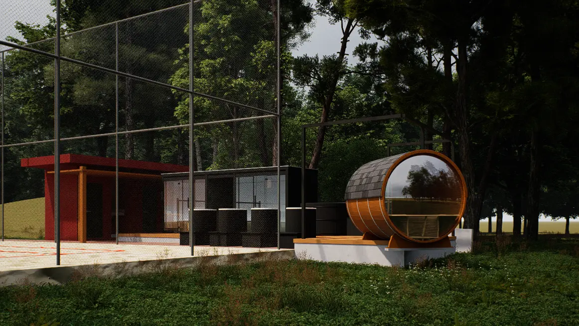 Sauna panorâmica integrada à área verde
