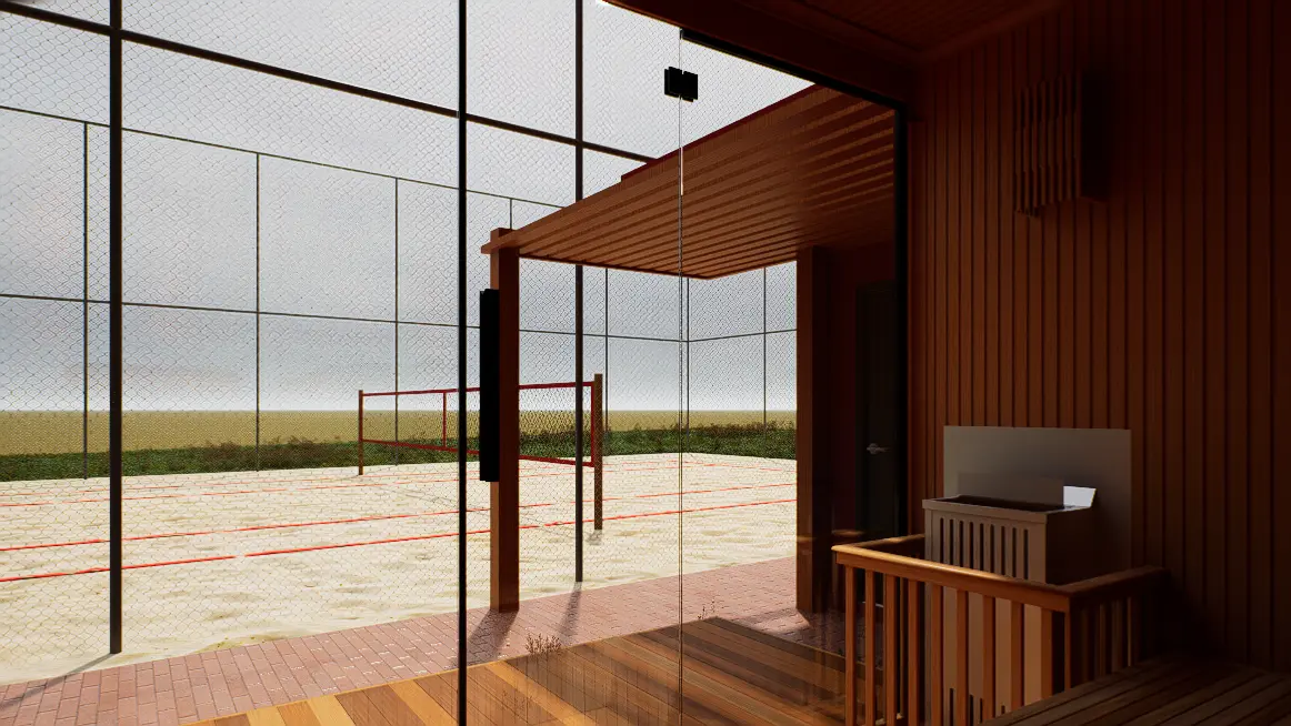 Sauna com vista para as quadras